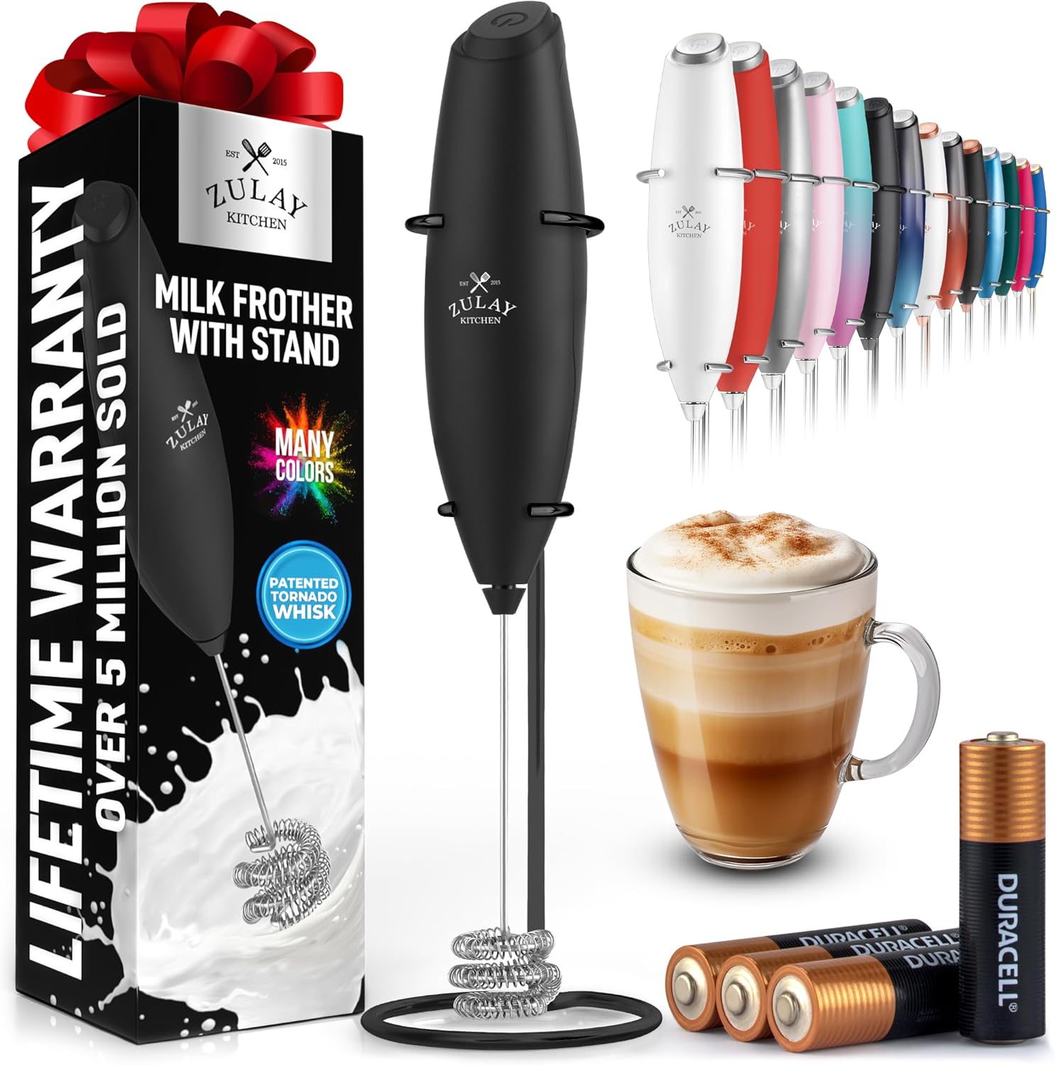 Powerful Milk Frother Wand with 2 Duracell Batteries - Ultra Fast Handheld Drink Mixer - Electric Whisk Foam Maker for Coffee, Lattes, Cappuccino, Matcha, Hot Chocolate & Creamer - Black