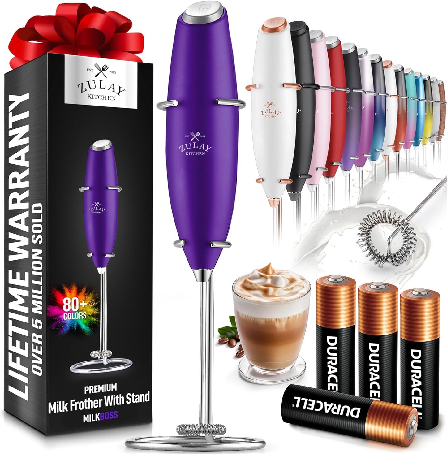 Powerful Milk Frother Wand with 2 Duracell Batteries - Ultra Fast Handheld Drink Mixer - Electric Whisk Foam Maker for Coffee, Lattes, Cappuccino, Matcha, Hot Chocolate & Creamer - Black