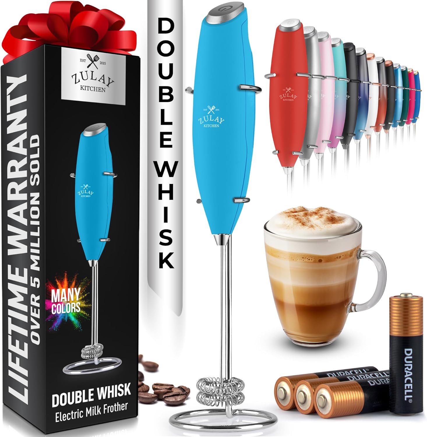 Powerful Milk Frother Wand with 2 Duracell Batteries - Ultra Fast Handheld Drink Mixer - Electric Whisk Foam Maker for Coffee, Lattes, Cappuccino, Matcha, Hot Chocolate & Creamer - Black