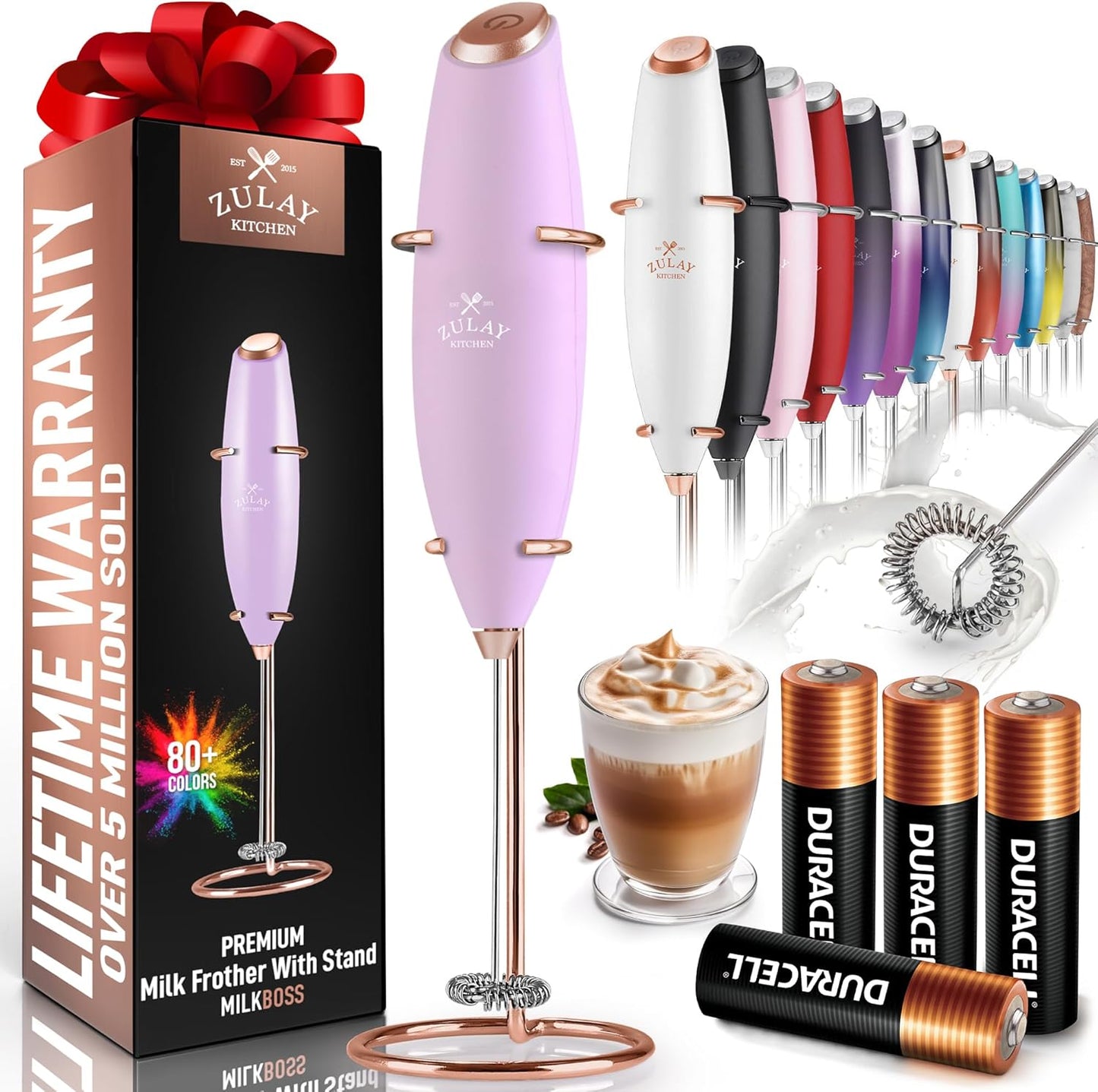 Powerful Milk Frother Wand with 2 Duracell Batteries - Ultra Fast Handheld Drink Mixer - Electric Whisk Foam Maker for Coffee, Lattes, Cappuccino, Matcha, Hot Chocolate & Creamer - Black