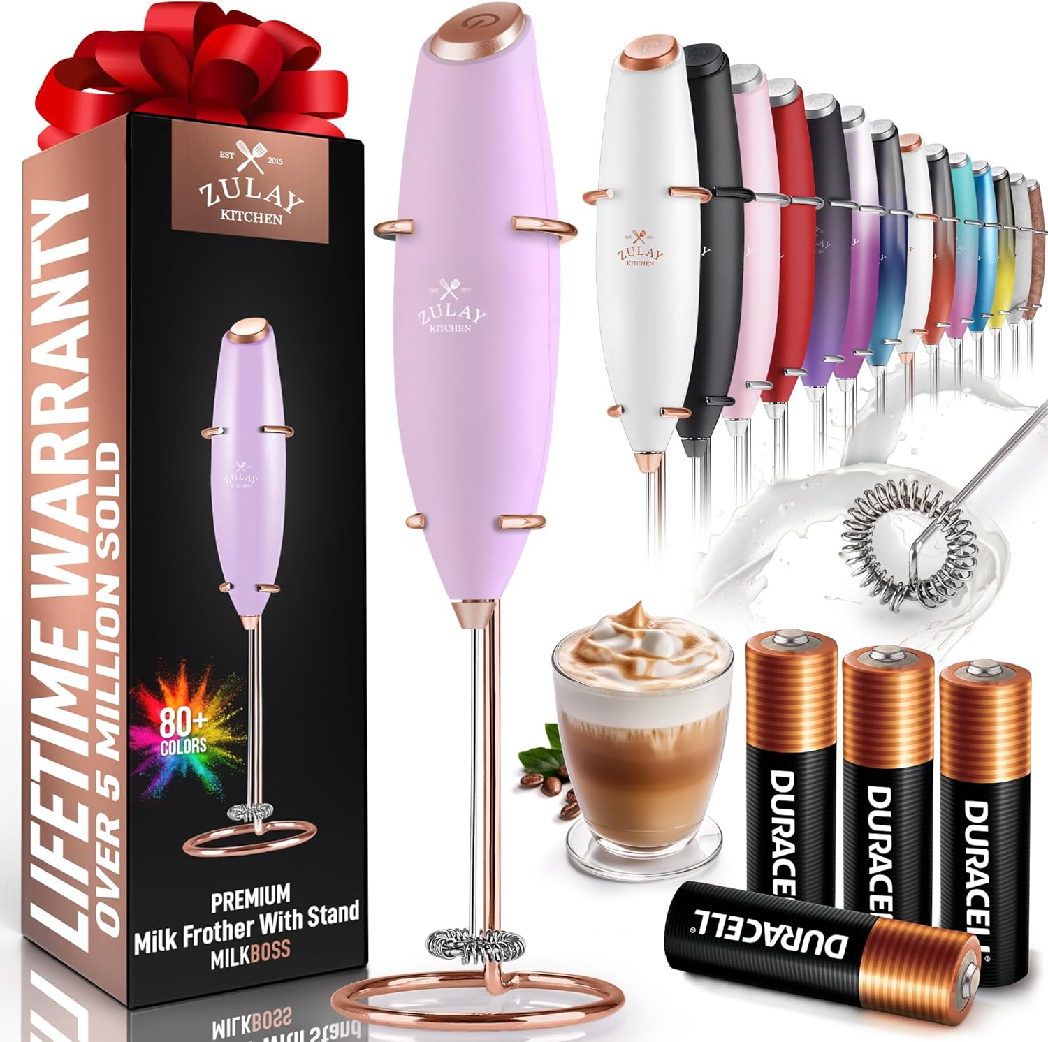 Powerful Milk Frother Wand with 2 Duracell Batteries - Ultra Fast Handheld Drink Mixer - Electric Whisk Foam Maker for Coffee, Lattes, Cappuccino, Matcha, Hot Chocolate & Creamer - Black