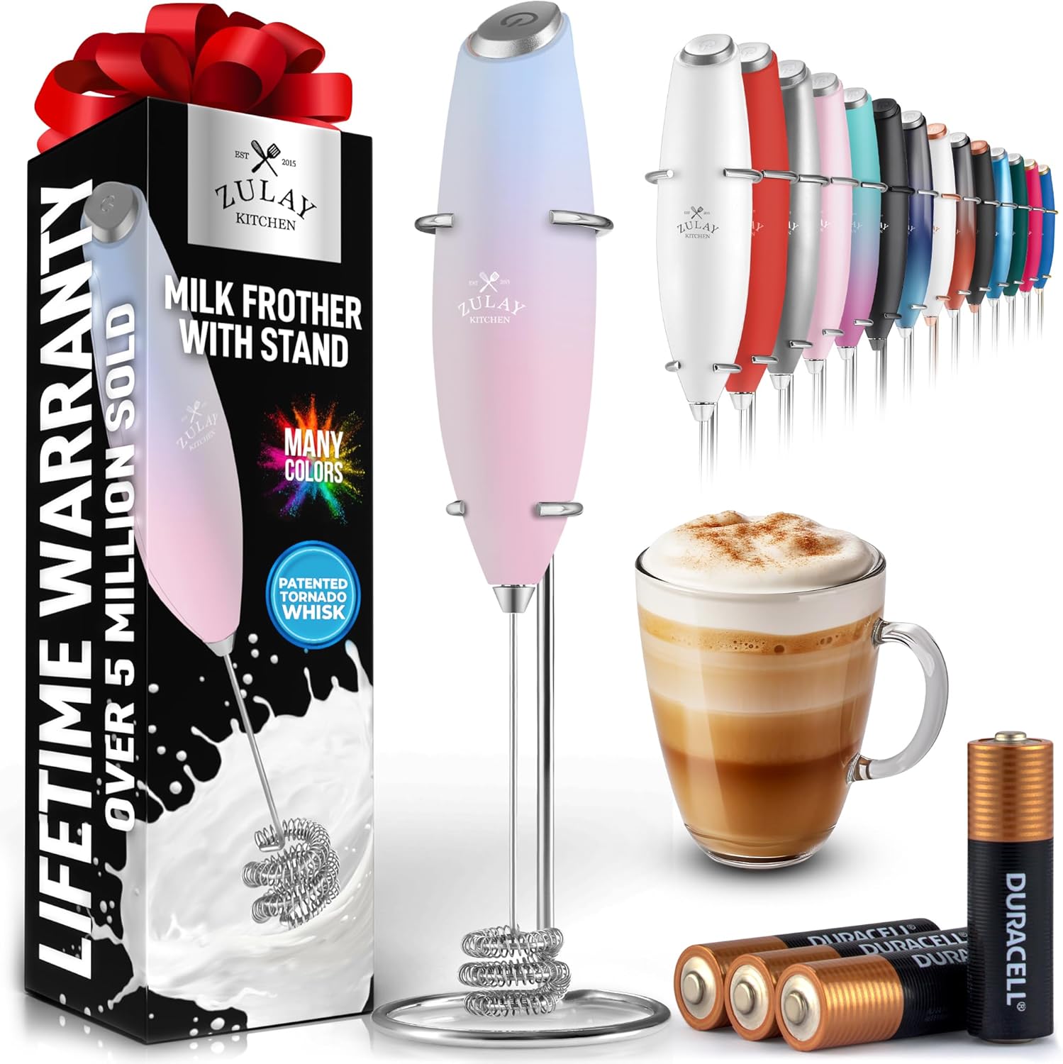 Powerful Milk Frother Wand with 2 Duracell Batteries - Ultra Fast Handheld Drink Mixer - Electric Whisk Foam Maker for Coffee, Lattes, Cappuccino, Matcha, Hot Chocolate & Creamer - Black