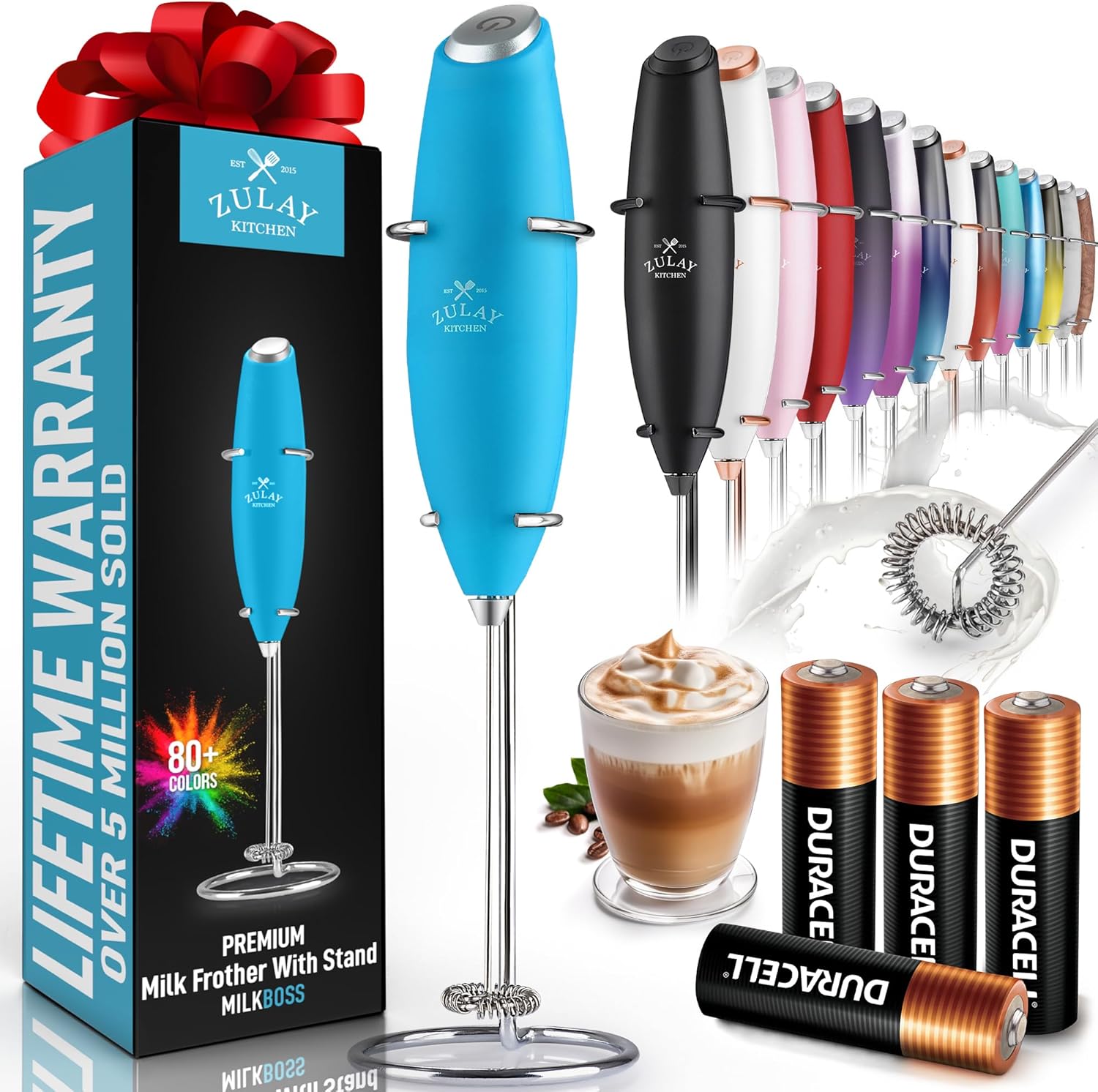Powerful Milk Frother Wand with 2 Duracell Batteries - Ultra Fast Handheld Drink Mixer - Electric Whisk Foam Maker for Coffee, Lattes, Cappuccino, Matcha, Hot Chocolate & Creamer - Black