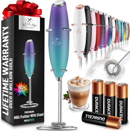 Powerful Milk Frother Wand with 2 Duracell Batteries - Ultra Fast Handheld Drink Mixer - Electric Whisk Foam Maker for Coffee, Lattes, Cappuccino, Matcha, Hot Chocolate & Creamer - Black