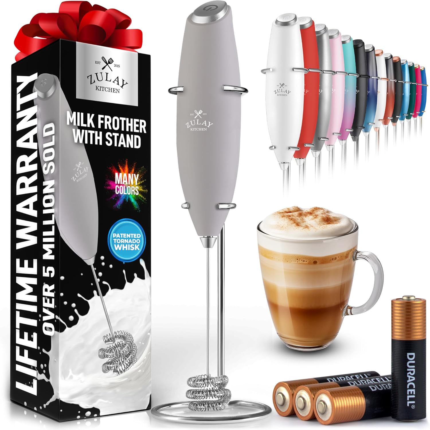 Powerful Milk Frother Wand with 2 Duracell Batteries - Ultra Fast Handheld Drink Mixer - Electric Whisk Foam Maker for Coffee, Lattes, Cappuccino, Matcha, Hot Chocolate & Creamer - Black