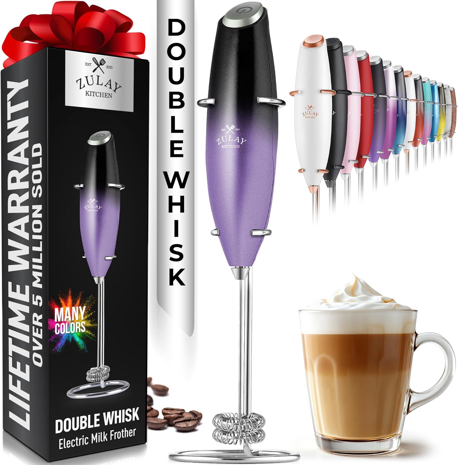 Powerful Milk Frother Wand with 2 Duracell Batteries - Ultra Fast Handheld Drink Mixer - Electric Whisk Foam Maker for Coffee, Lattes, Cappuccino, Matcha, Hot Chocolate & Creamer - Black