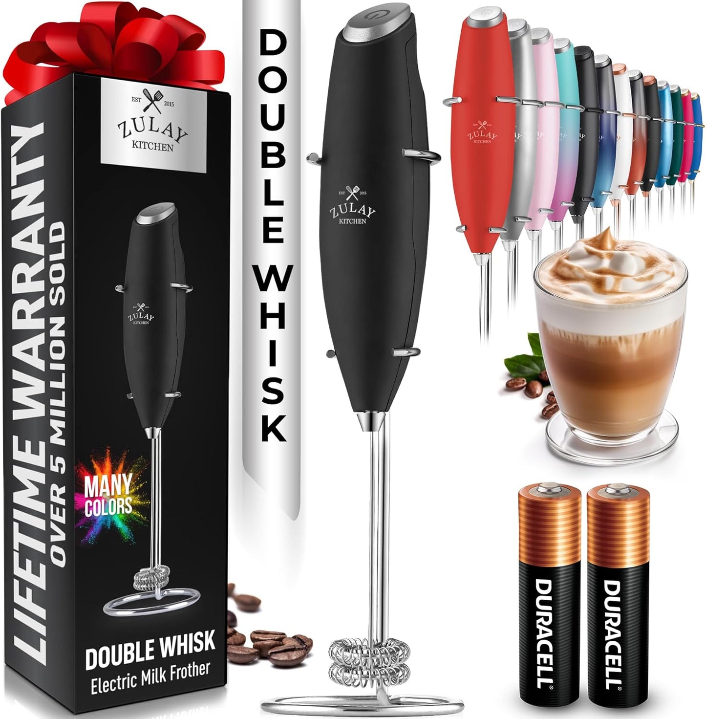 Powerful Milk Frother Wand with 2 Duracell Batteries - Ultra Fast Handheld Drink Mixer - Electric Whisk Foam Maker for Coffee, Lattes, Cappuccino, Matcha, Hot Chocolate & Creamer - Black