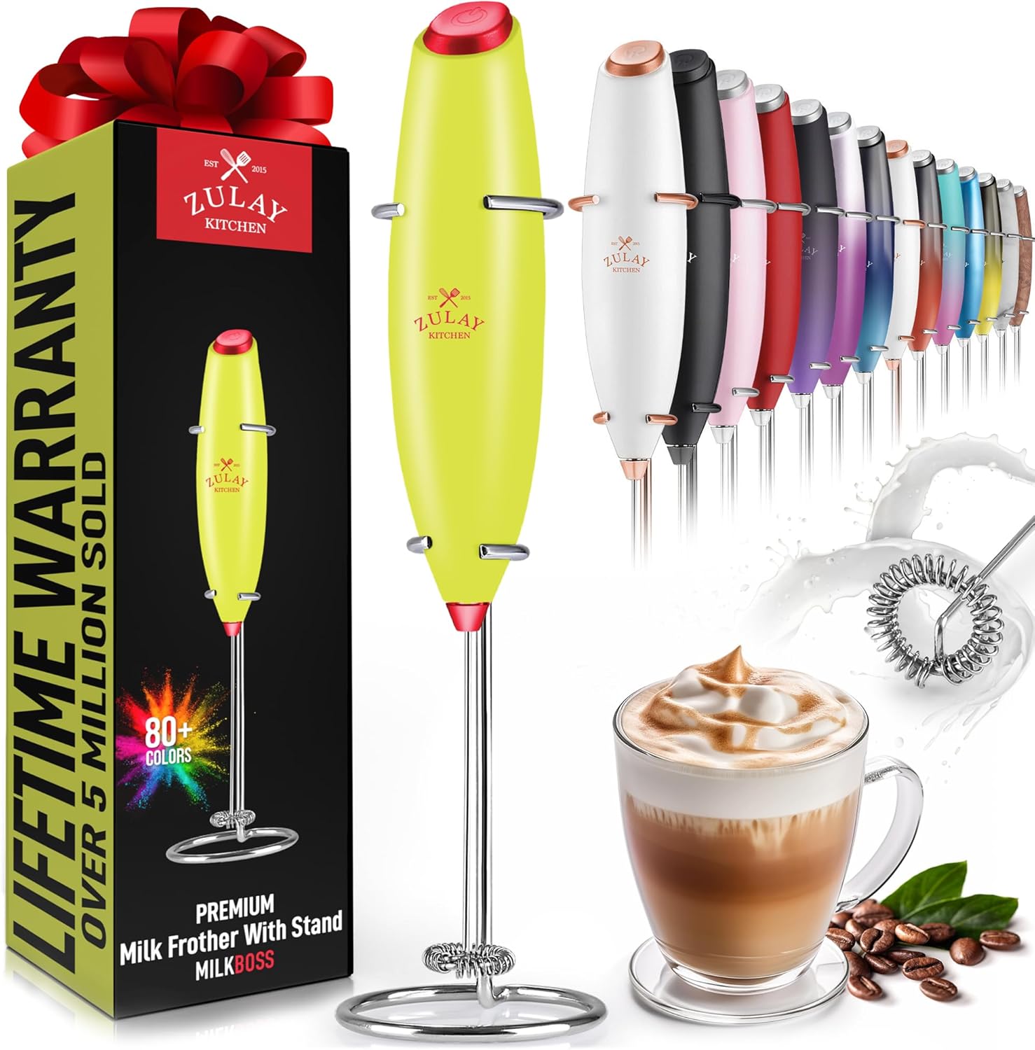 Powerful Milk Frother Wand with 2 Duracell Batteries - Ultra Fast Handheld Drink Mixer - Electric Whisk Foam Maker for Coffee, Lattes, Cappuccino, Matcha, Hot Chocolate & Creamer - Black