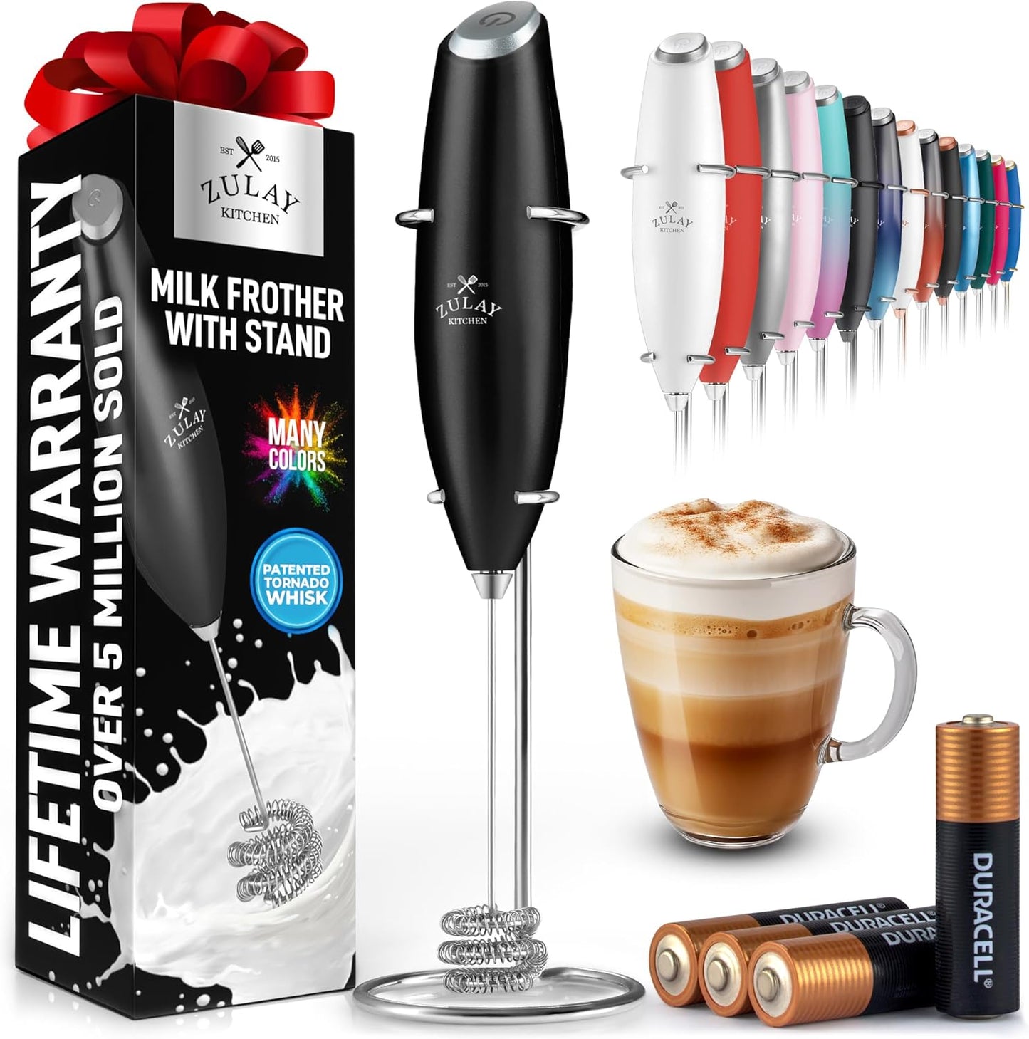 Powerful Milk Frother Wand with 2 Duracell Batteries - Ultra Fast Handheld Drink Mixer - Electric Whisk Foam Maker for Coffee, Lattes, Cappuccino, Matcha, Hot Chocolate & Creamer - Black