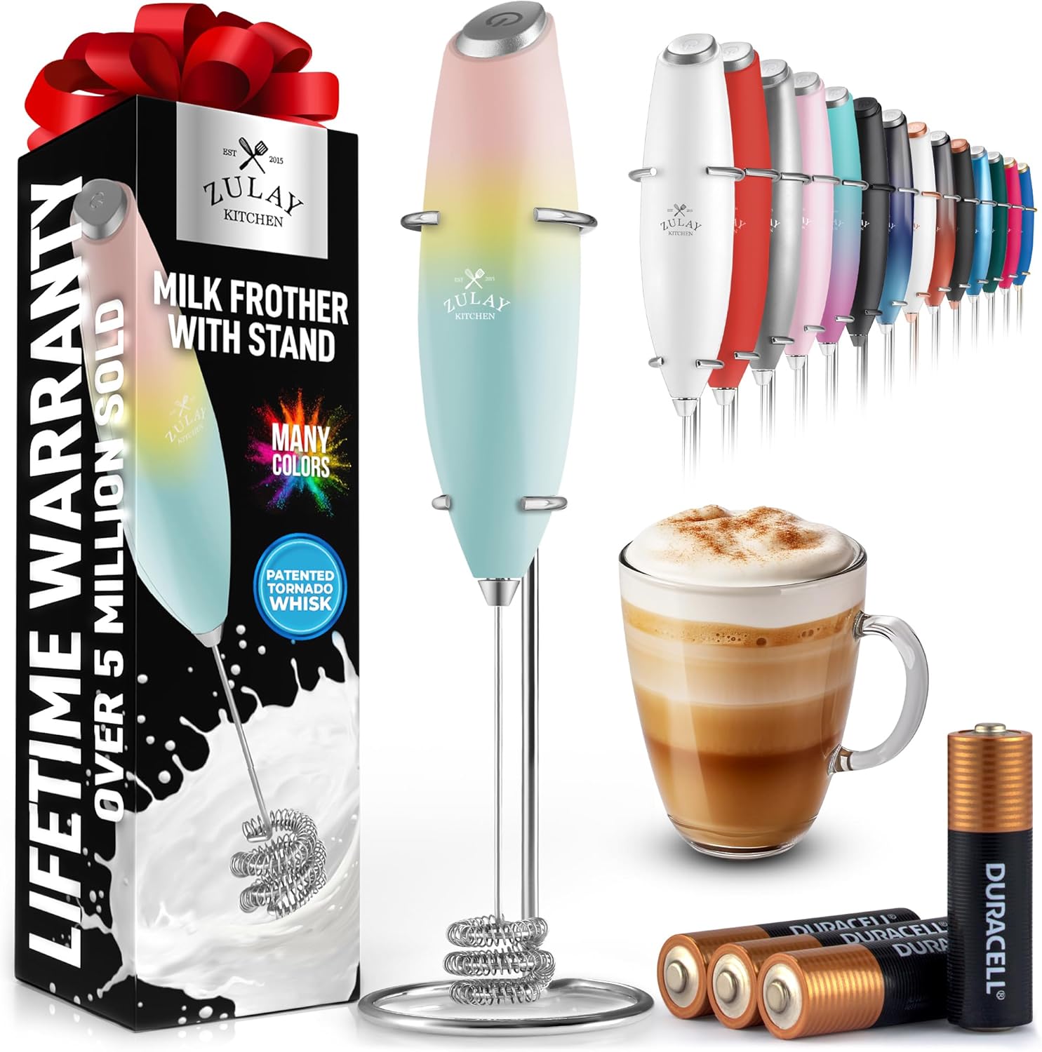 Powerful Milk Frother Wand with 2 Duracell Batteries - Ultra Fast Handheld Drink Mixer - Electric Whisk Foam Maker for Coffee, Lattes, Cappuccino, Matcha, Hot Chocolate & Creamer - Black