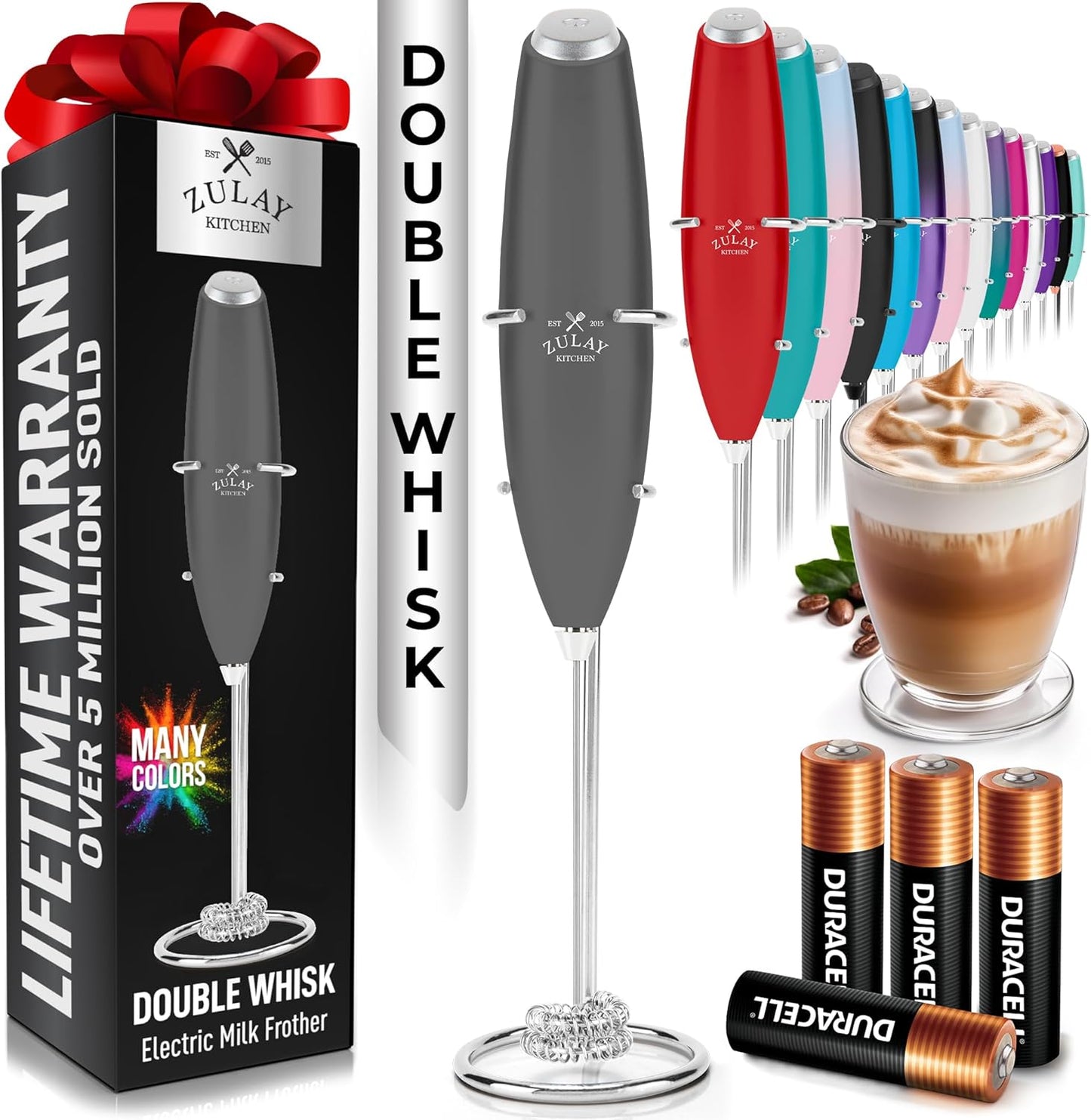 Powerful Milk Frother Wand with 2 Duracell Batteries - Ultra Fast Handheld Drink Mixer - Electric Whisk Foam Maker for Coffee, Lattes, Cappuccino, Matcha, Hot Chocolate & Creamer - Black