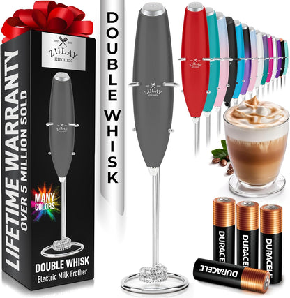 Powerful Milk Frother Wand with 2 Duracell Batteries - Ultra Fast Handheld Drink Mixer - Electric Whisk Foam Maker for Coffee, Lattes, Cappuccino, Matcha, Hot Chocolate & Creamer - Black
