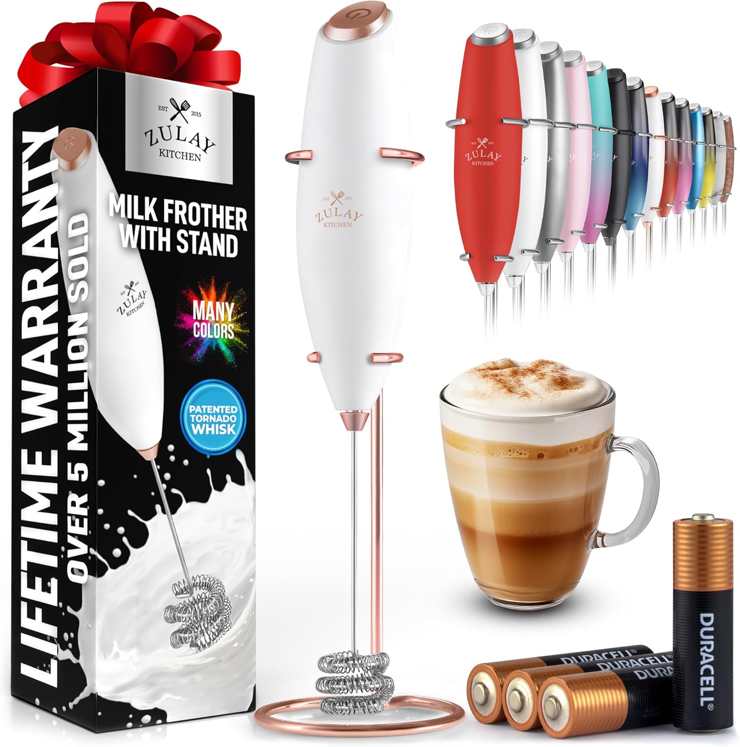 Powerful Milk Frother Wand with 2 Duracell Batteries - Ultra Fast Handheld Drink Mixer - Electric Whisk Foam Maker for Coffee, Lattes, Cappuccino, Matcha, Hot Chocolate & Creamer - Black