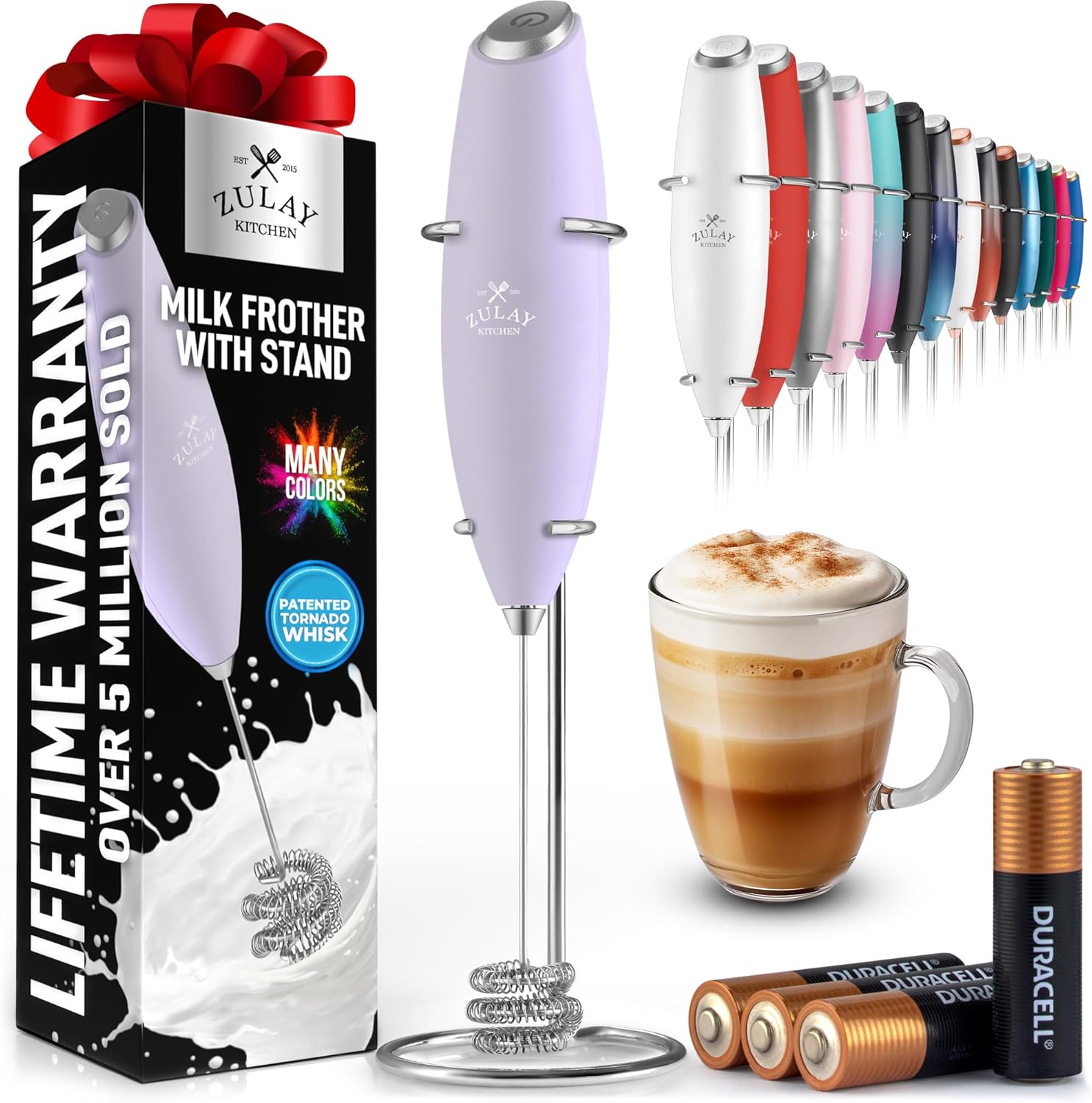 Powerful Milk Frother Wand with 2 Duracell Batteries - Ultra Fast Handheld Drink Mixer - Electric Whisk Foam Maker for Coffee, Lattes, Cappuccino, Matcha, Hot Chocolate & Creamer - Black