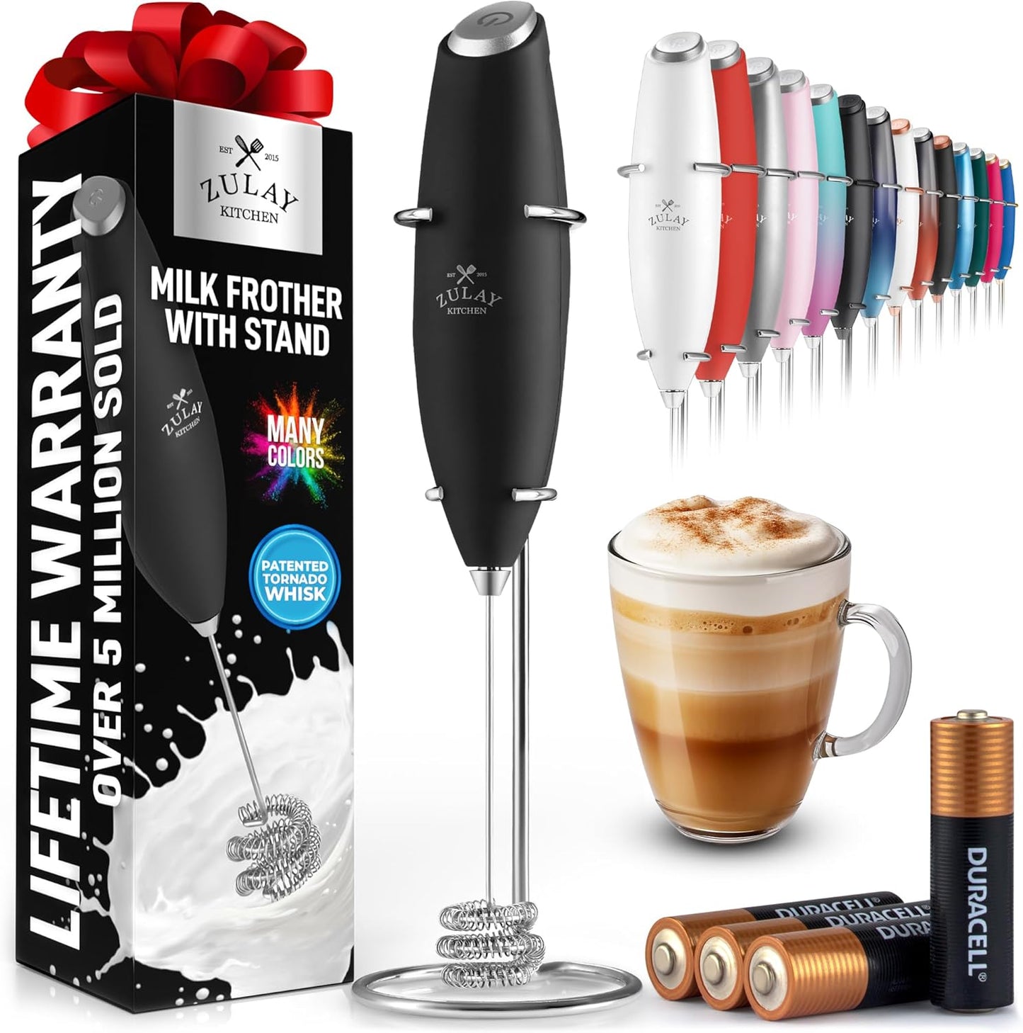 Powerful Milk Frother Wand with 2 Duracell Batteries - Ultra Fast Handheld Drink Mixer - Electric Whisk Foam Maker for Coffee, Lattes, Cappuccino, Matcha, Hot Chocolate & Creamer - Black