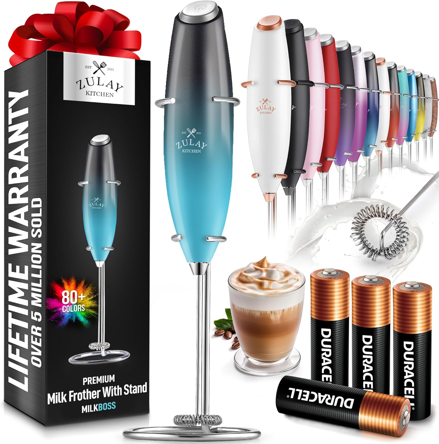 Powerful Milk Frother Wand with 2 Duracell Batteries - Ultra Fast Handheld Drink Mixer - Electric Whisk Foam Maker for Coffee, Lattes, Cappuccino, Matcha, Hot Chocolate & Creamer - Black