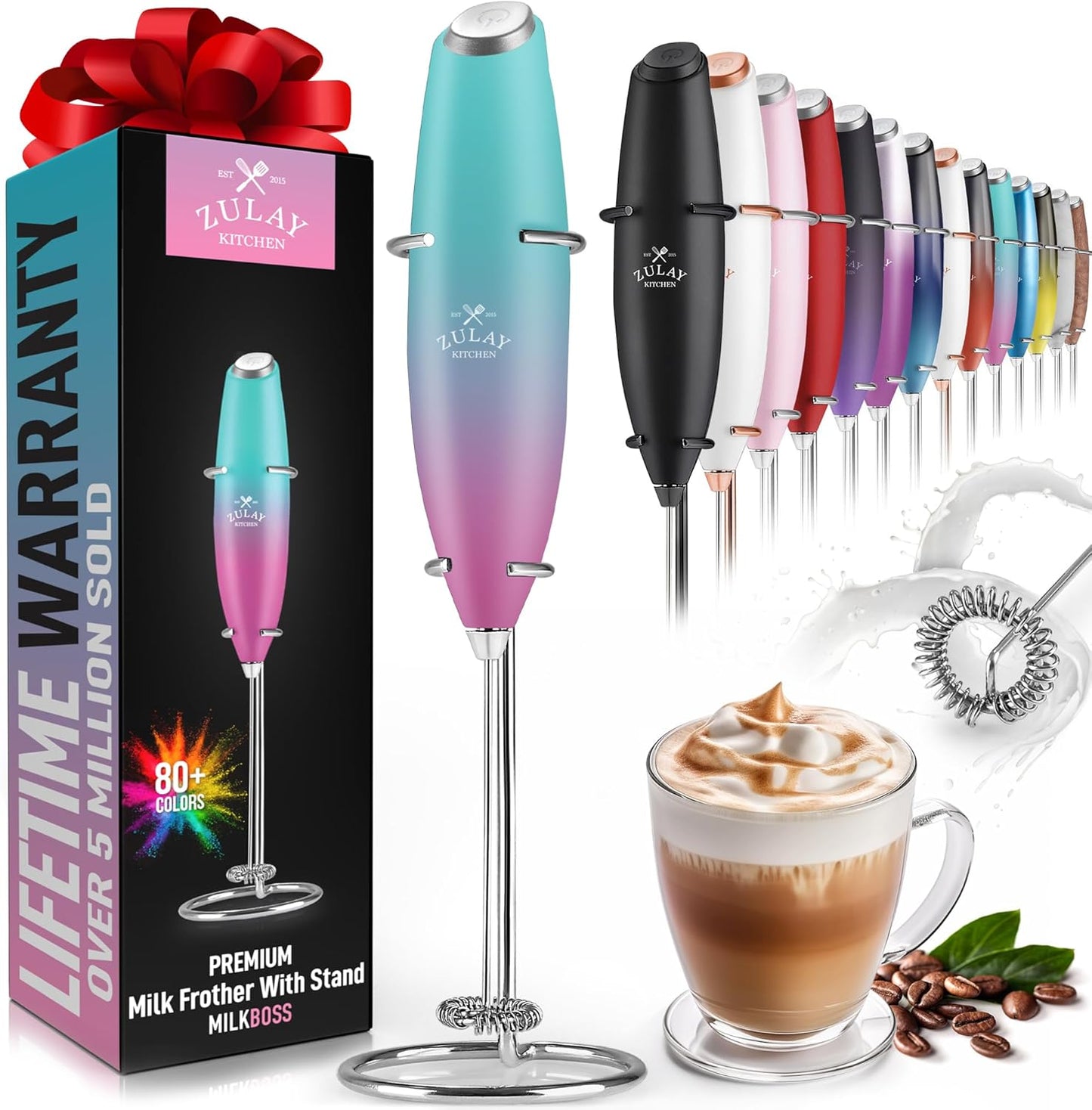 Powerful Milk Frother Wand with 2 Duracell Batteries - Ultra Fast Handheld Drink Mixer - Electric Whisk Foam Maker for Coffee, Lattes, Cappuccino, Matcha, Hot Chocolate & Creamer - Black