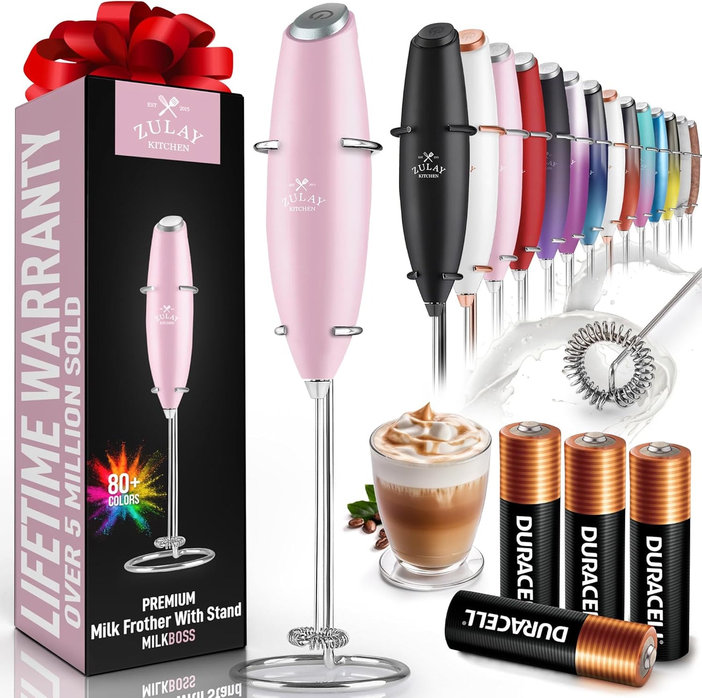Powerful Milk Frother Wand with 2 Duracell Batteries - Ultra Fast Handheld Drink Mixer - Electric Whisk Foam Maker for Coffee, Lattes, Cappuccino, Matcha, Hot Chocolate & Creamer - Black