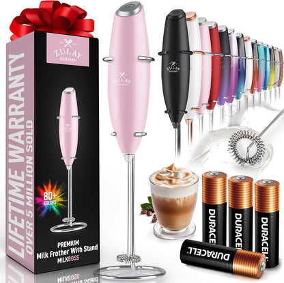 Powerful Milk Frother Wand with 2 Duracell Batteries - Ultra Fast Handheld Drink Mixer - Electric Whisk Foam Maker for Coffee, Lattes, Cappuccino, Matcha, Hot Chocolate & Creamer - Black