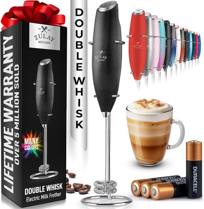 Powerful Milk Frother Wand with 2 Duracell Batteries - Ultra Fast Handheld Drink Mixer - Electric Whisk Foam Maker for Coffee, Lattes, Cappuccino, Matcha, Hot Chocolate & Creamer - Black