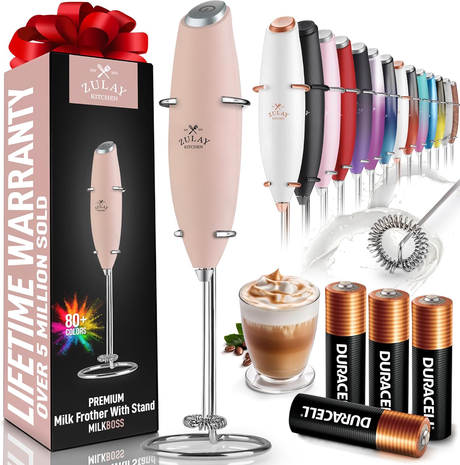 Powerful Milk Frother Wand with 2 Duracell Batteries - Ultra Fast Handheld Drink Mixer - Electric Whisk Foam Maker for Coffee, Lattes, Cappuccino, Matcha, Hot Chocolate & Creamer - Black