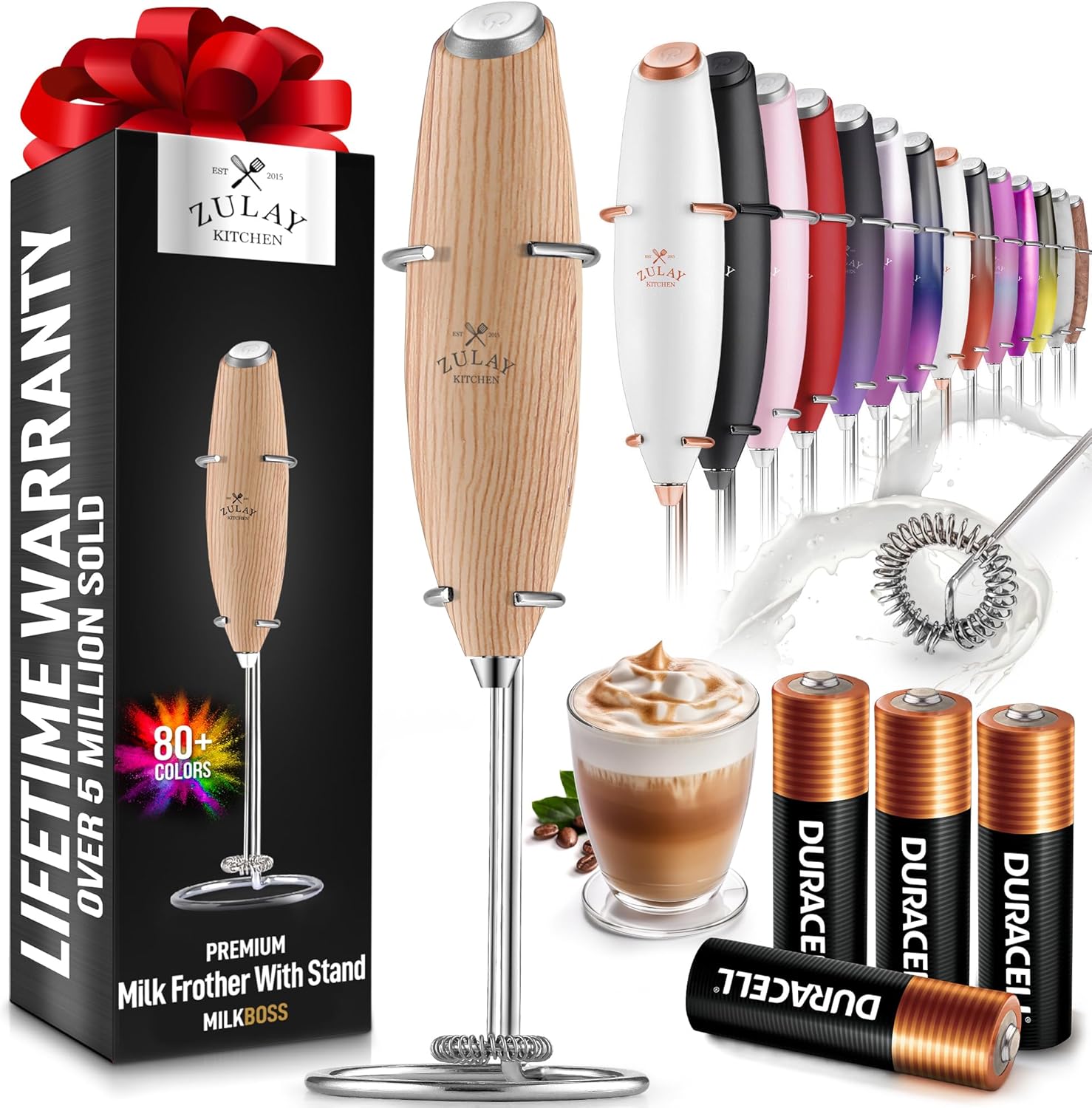 Powerful Milk Frother Wand with 2 Duracell Batteries - Ultra Fast Handheld Drink Mixer - Electric Whisk Foam Maker for Coffee, Lattes, Cappuccino, Matcha, Hot Chocolate & Creamer - Black