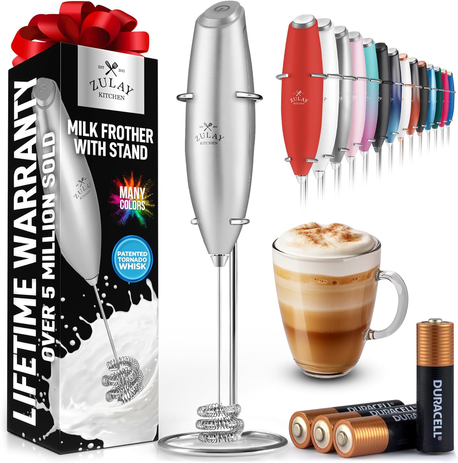 Powerful Milk Frother Wand with 2 Duracell Batteries - Ultra Fast Handheld Drink Mixer - Electric Whisk Foam Maker for Coffee, Lattes, Cappuccino, Matcha, Hot Chocolate & Creamer - Black