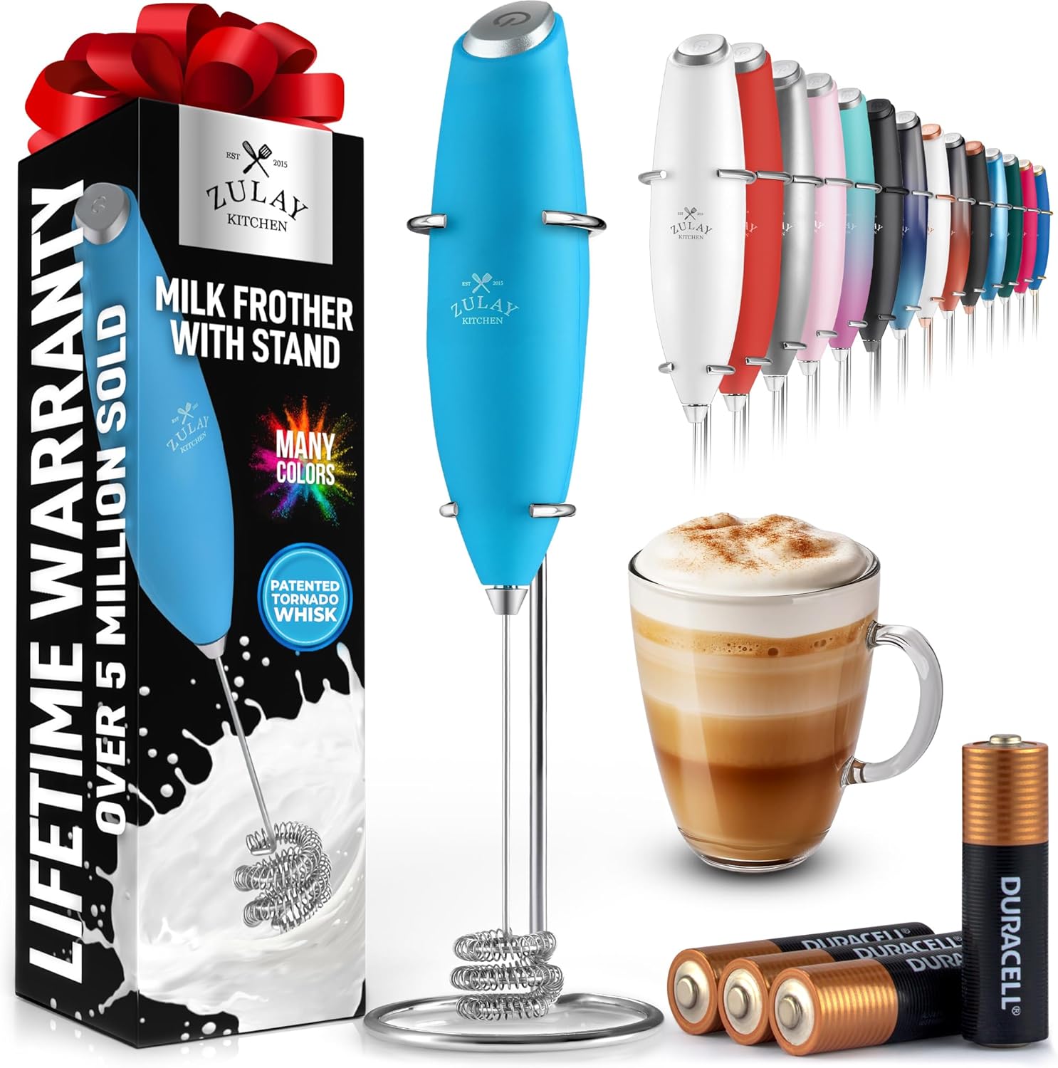Powerful Milk Frother Wand with 2 Duracell Batteries - Ultra Fast Handheld Drink Mixer - Electric Whisk Foam Maker for Coffee, Lattes, Cappuccino, Matcha, Hot Chocolate & Creamer - Black