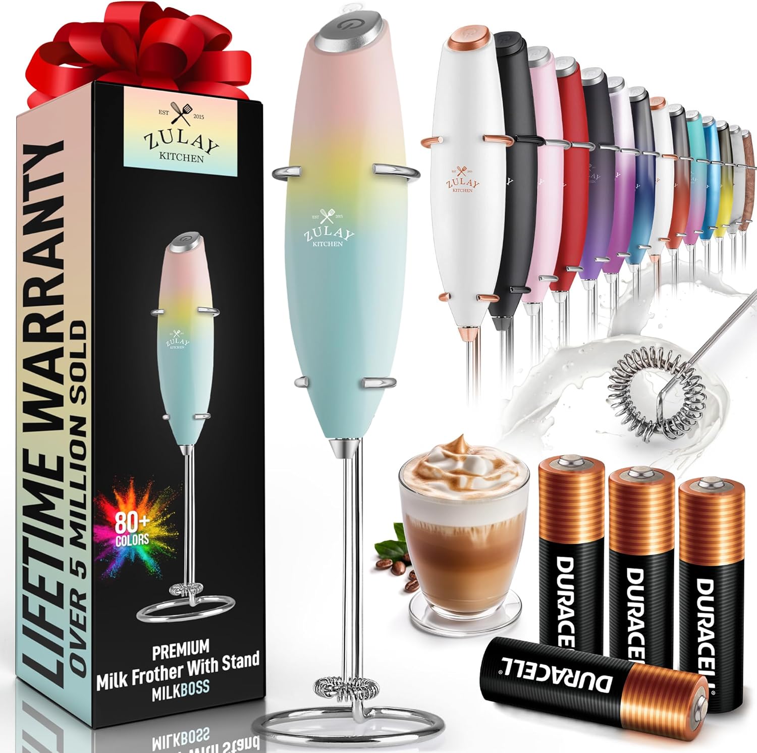 Powerful Milk Frother Wand with 2 Duracell Batteries - Ultra Fast Handheld Drink Mixer - Electric Whisk Foam Maker for Coffee, Lattes, Cappuccino, Matcha, Hot Chocolate & Creamer - Black