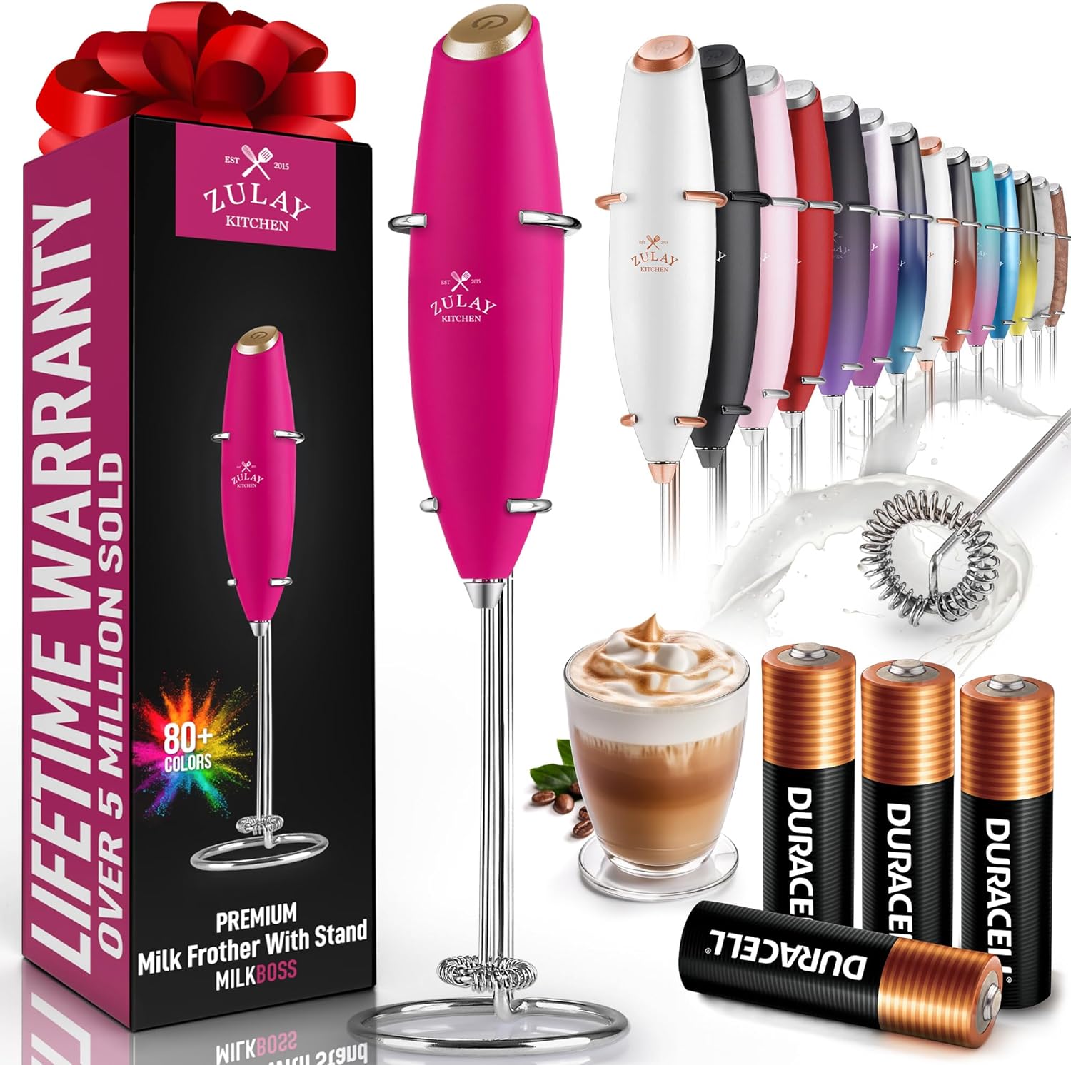 Powerful Milk Frother Wand with 2 Duracell Batteries - Ultra Fast Handheld Drink Mixer - Electric Whisk Foam Maker for Coffee, Lattes, Cappuccino, Matcha, Hot Chocolate & Creamer - Black