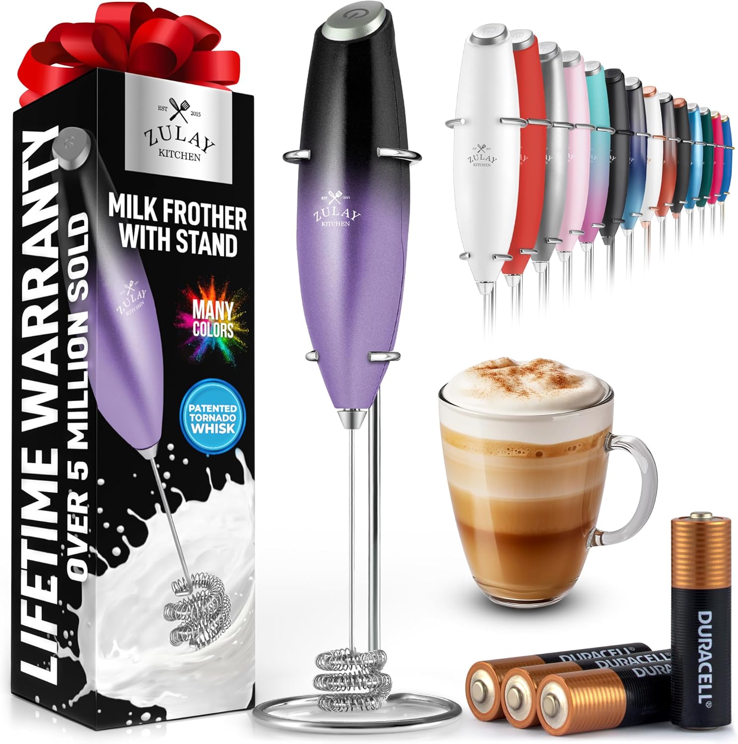 Powerful Milk Frother Wand with 2 Duracell Batteries - Ultra Fast Handheld Drink Mixer - Electric Whisk Foam Maker for Coffee, Lattes, Cappuccino, Matcha, Hot Chocolate & Creamer - Black