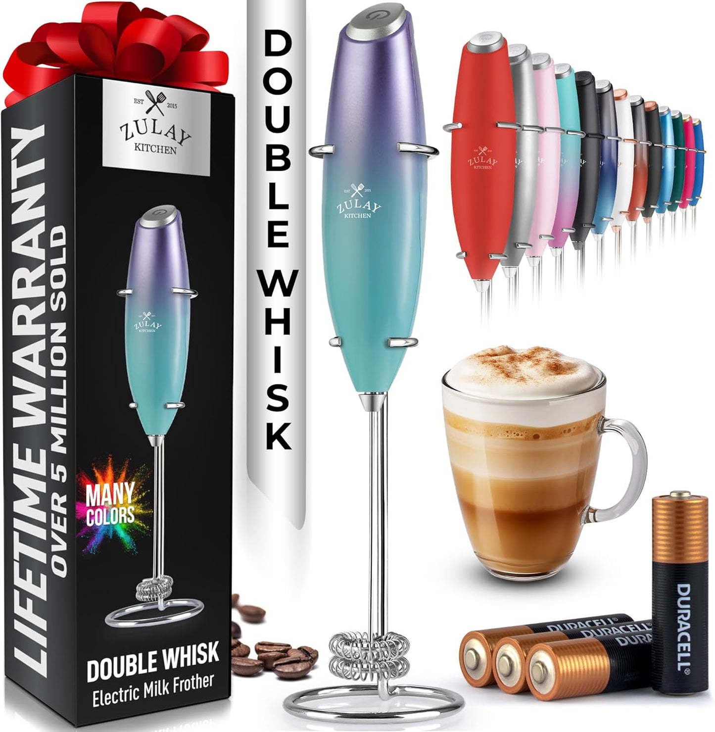 Powerful Milk Frother Wand with 2 Duracell Batteries - Ultra Fast Handheld Drink Mixer - Electric Whisk Foam Maker for Coffee, Lattes, Cappuccino, Matcha, Hot Chocolate & Creamer - Black