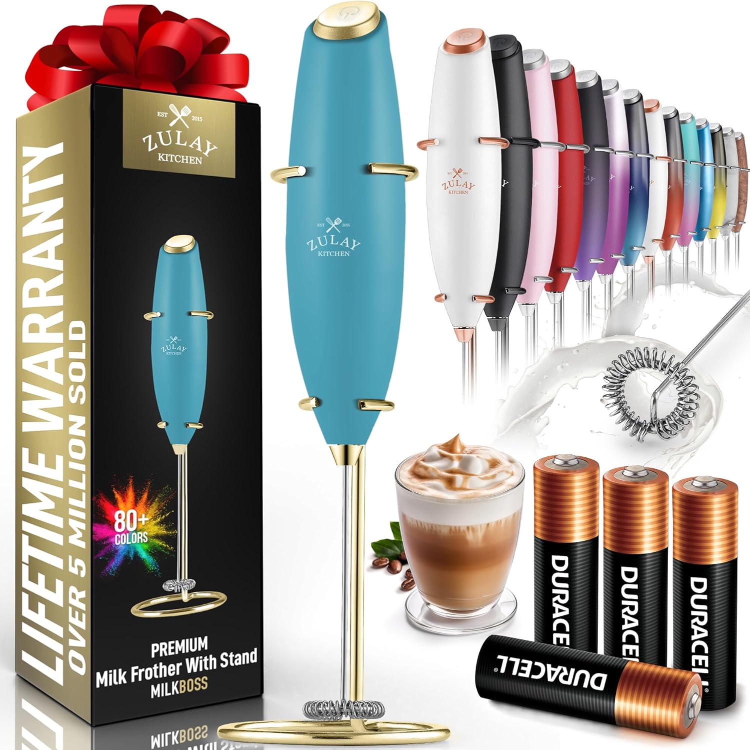 Powerful Milk Frother Wand with 2 Duracell Batteries - Ultra Fast Handheld Drink Mixer - Electric Whisk Foam Maker for Coffee, Lattes, Cappuccino, Matcha, Hot Chocolate & Creamer - Black
