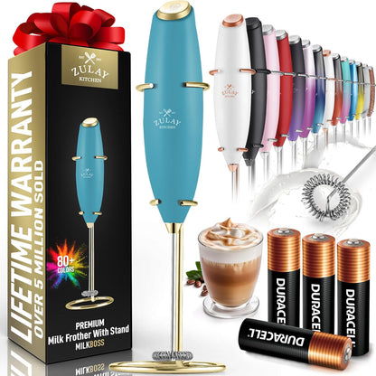 Powerful Milk Frother Wand with 2 Duracell Batteries - Ultra Fast Handheld Drink Mixer - Electric Whisk Foam Maker for Coffee, Lattes, Cappuccino, Matcha, Hot Chocolate & Creamer - Black