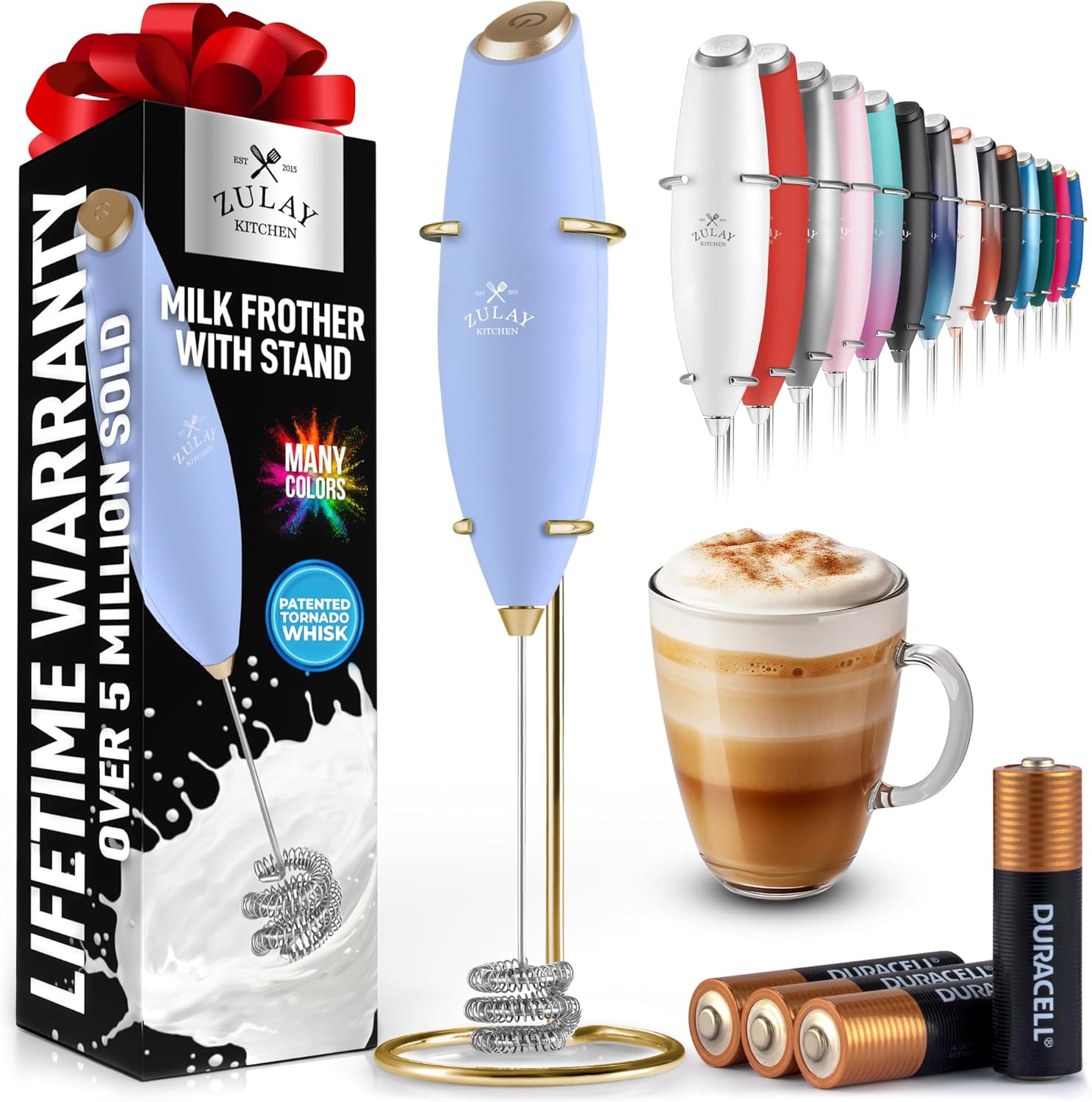 Powerful Milk Frother Wand with 2 Duracell Batteries - Ultra Fast Handheld Drink Mixer - Electric Whisk Foam Maker for Coffee, Lattes, Cappuccino, Matcha, Hot Chocolate & Creamer - Black