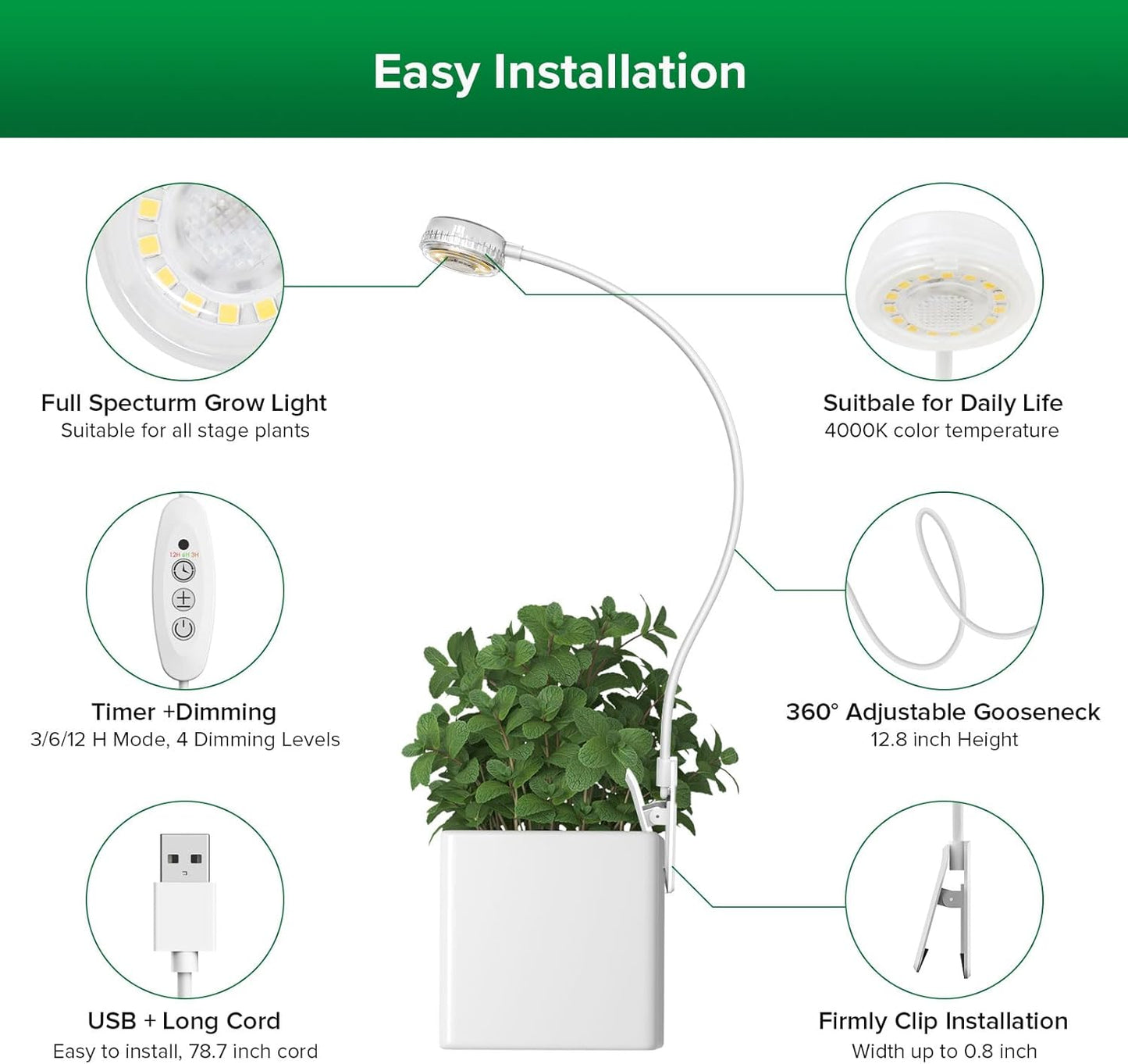 LED Pot Clip Grow Light with Timer & Dimming